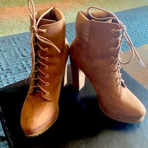 Tan suede high heeled boots